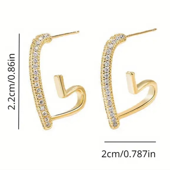 Heart Design Hoop Earrings Alloy 18K Plated BLING Jewelry Simulated Diamonds - Picture 3 of 4